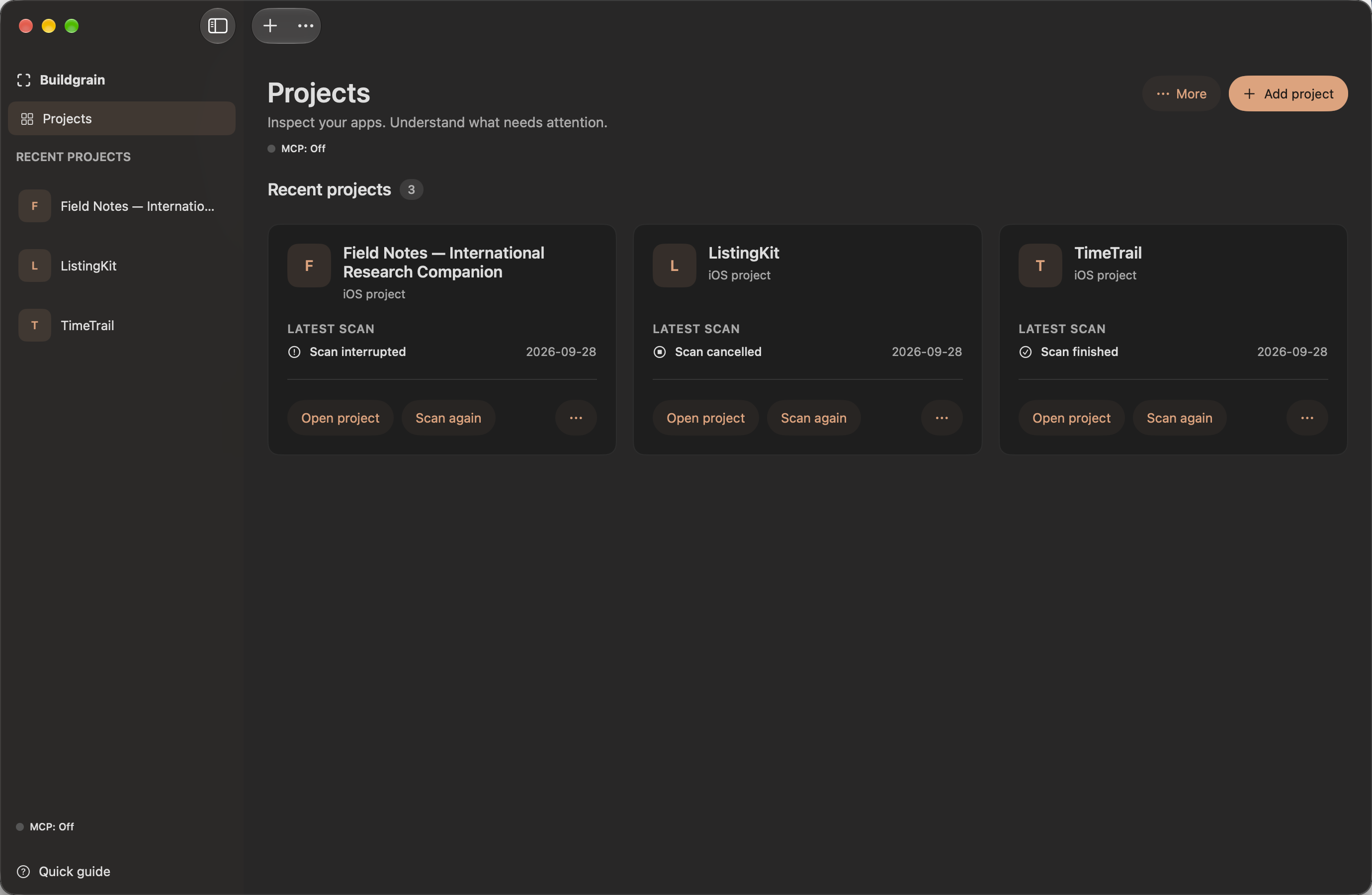 Buildgrain Projects screen in dark mode with three sample projects and synthetic scan states