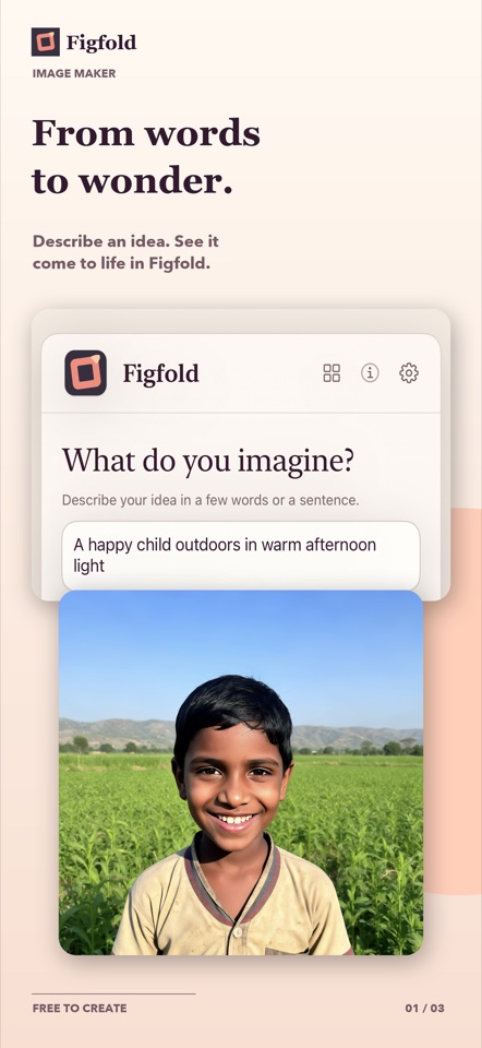 Figfold App Store artwork showing a text prompt and generated image